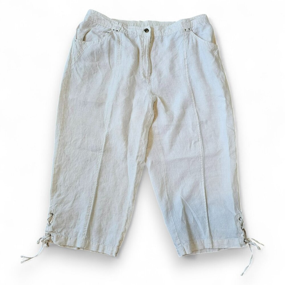 JM Collection Women's Cropped Pants 100% Linen Off White Neutral Size 16W